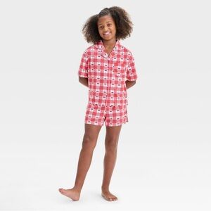 Girls Cherry Gingham Short Sleeve Button-down & Shorts Pajama Set Size XL (14)